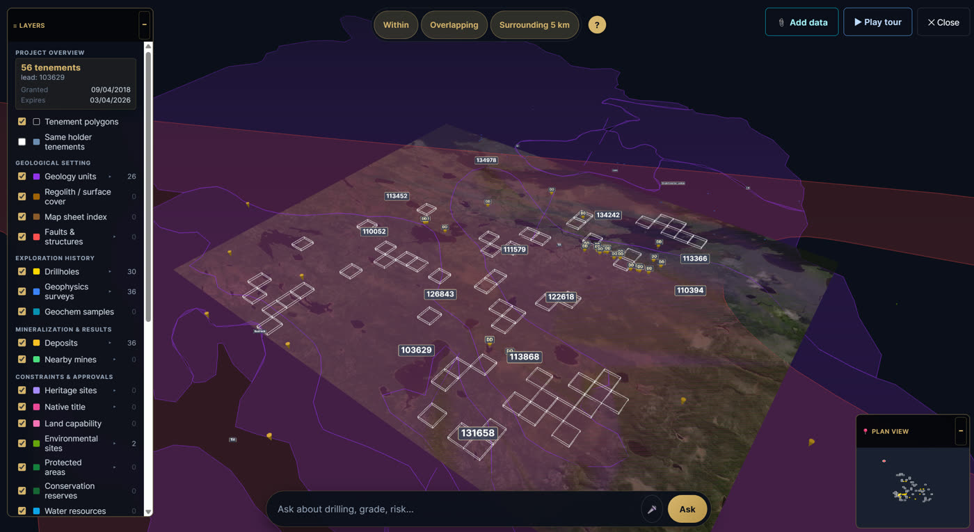 3D View of a Canadian project showing 56 claims with drillholes, geophysics surveys, and geology overlays