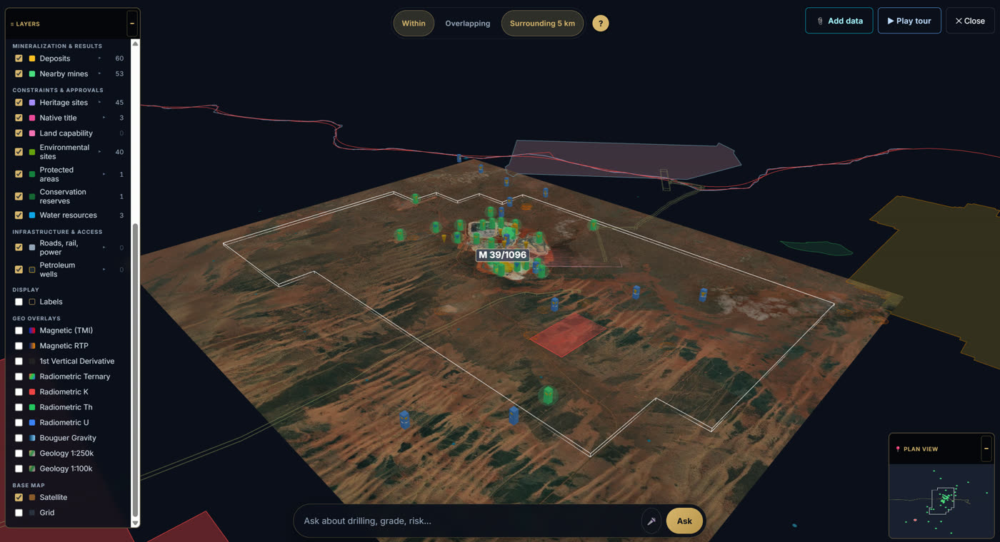 3D View of an Australian tenement showing satellite terrain, drillhole shafts, and geology layers