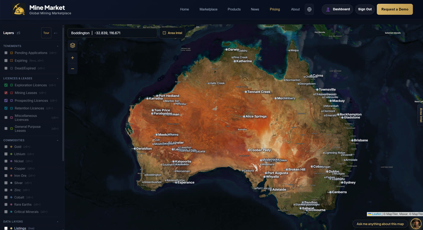 Mine Map showing Australia with tenement overlays