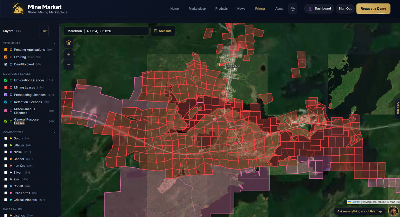 Mine Map zoomed to Geraldton, Ontario showing dense Canadian claim coverage