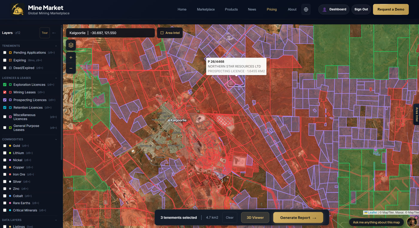 Mine Map zoomed to Kalgoorlie with three tenements selected for review