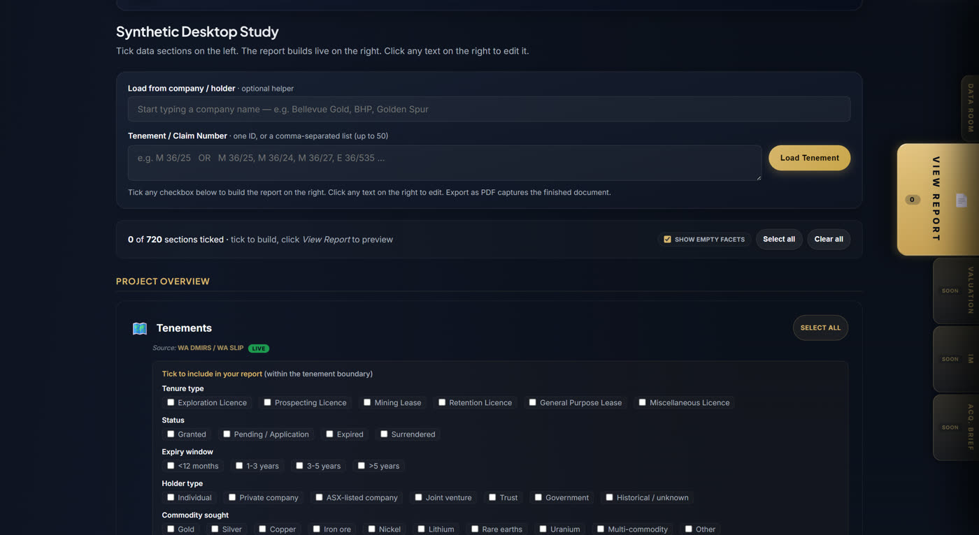 Synthetic Desktop Study builder showing tickable data sections and live report preview