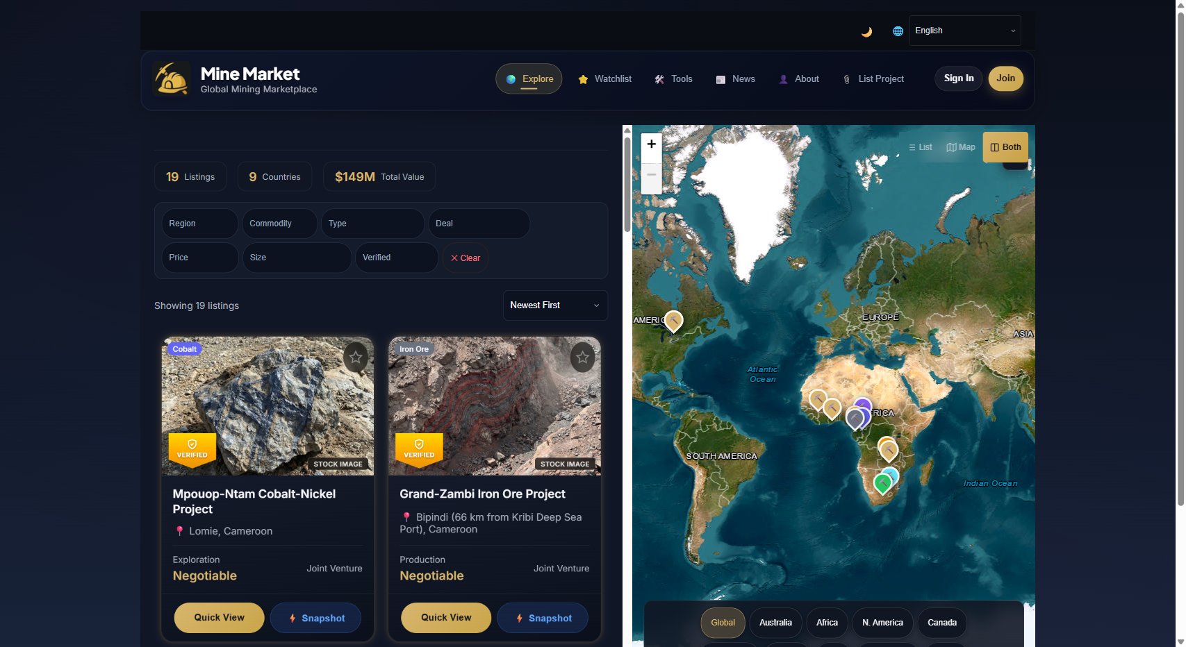 Mine Market Platform - Explore mining projects with interactive map, filters, and AI insights
