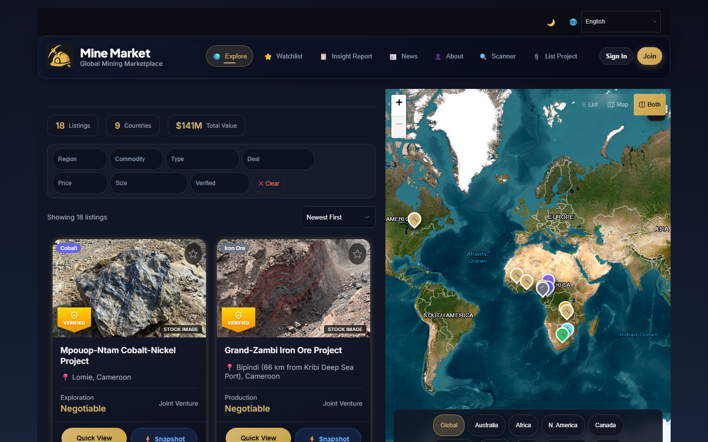 Mine Market marketplace with listings and global map