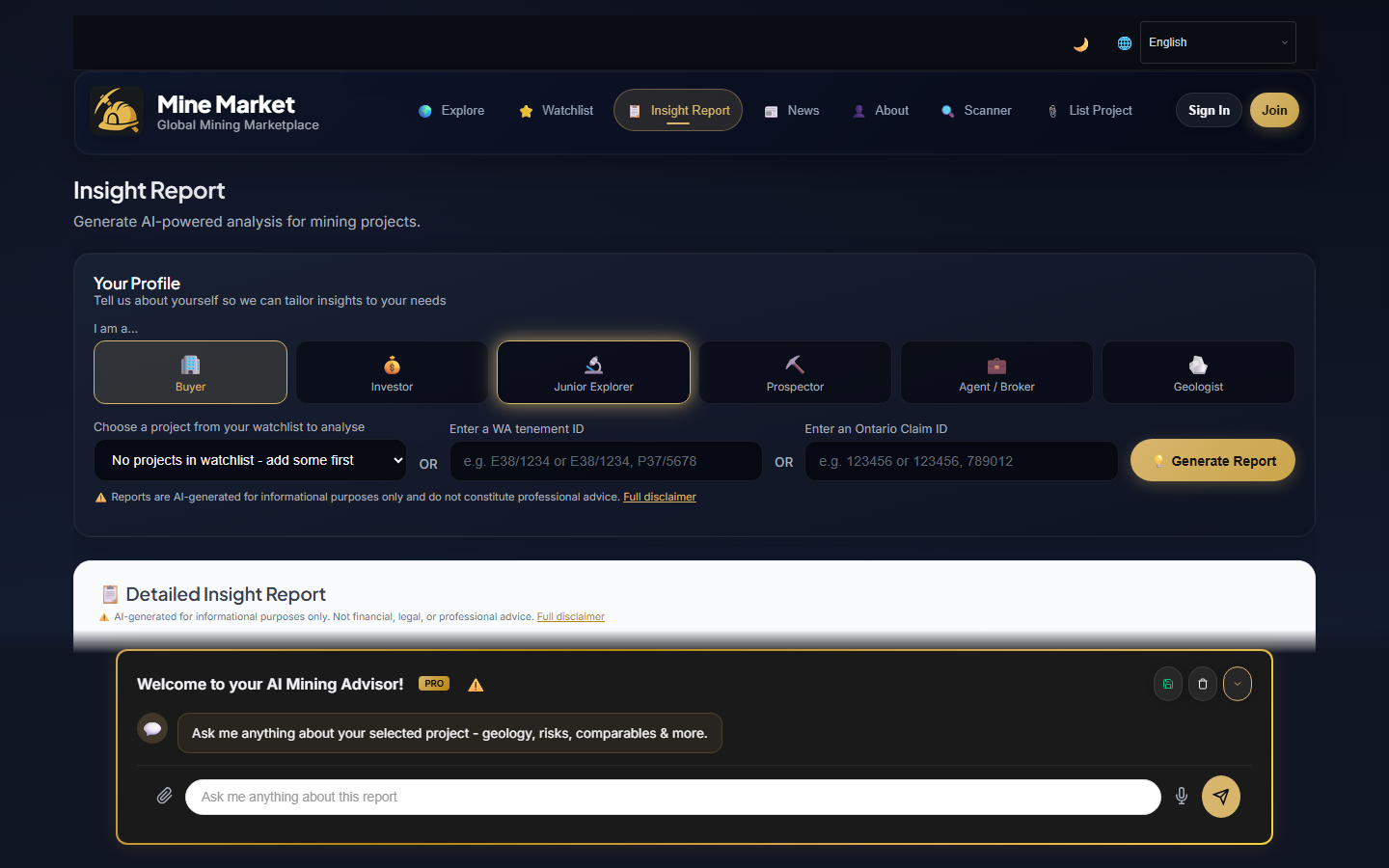 AI Insight Report generation with Mining Advisor chat