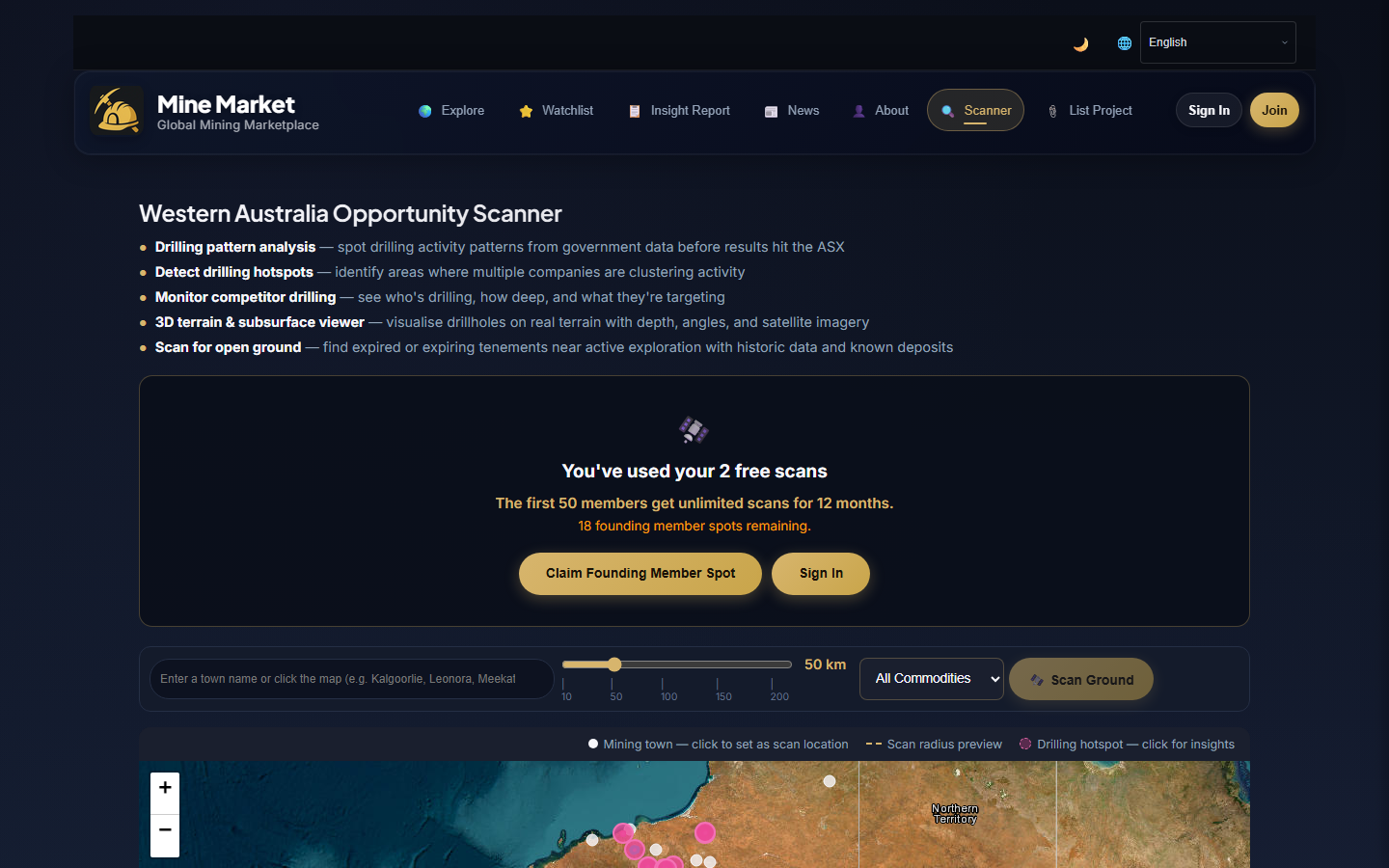 WA Opportunity Scanner with drill data and map